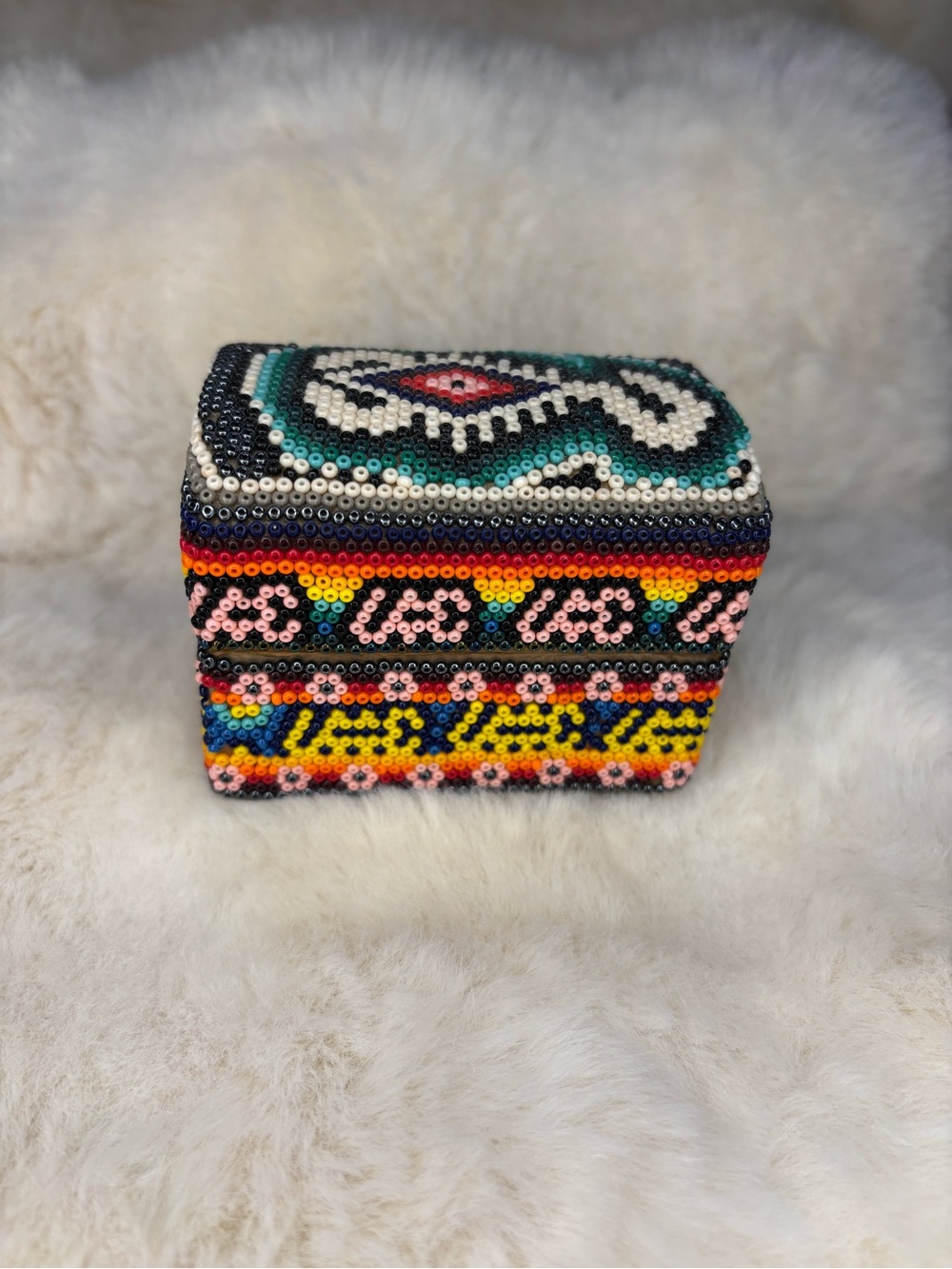 Mexican Huichol Style Beaded Wood Trinket Box Folk Art